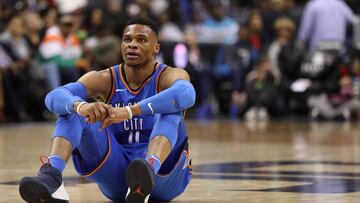 WASHINGTON, DC - JANUARY 30: Russell Westbrook #0 of the Oklahoma City Thunder looks on against the Washington Wizards during the first half at Capital One Arena on January 30, 2018 in Washington, DC. NOTE TO USER: User expressly acknowledges and agrees t