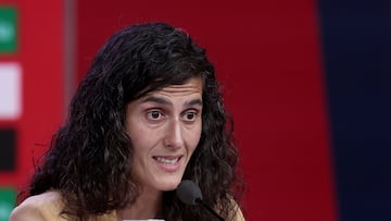 New coach of Spain's female football team Montse Tome talks during a press conference at the Ciudad del Futbol training facilities in Las Rozas de Madrid on September 18, 2023, ahead of the UEFA Nations League football matches against Sweden and Switzerland. Spain won the Women's World Cup in August but the four weeks since have been filled with controversy and turmoil after former president Luis Rubiales forcibly kissed midfielder Jenni Hermoso. (Photo by Thomas COEX / AFP)