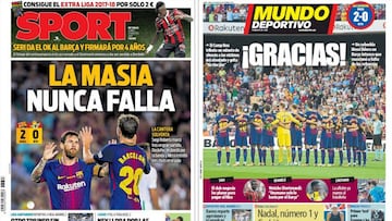 Portadas de los diarios Sport y Mundo Deportivo del día 21 de agosto de 2017.