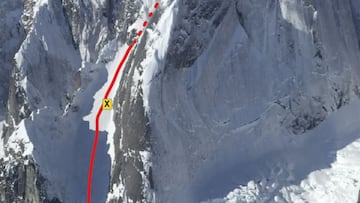 The "Escalator" route on Mt. Johnson, Denali National Park and Preserve.  The X indicates the approximate location of the rescue of the surviving climbing partner.