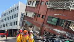 Firefighters work at the site where a building collapsed following the earthquake, in Hualien, Taiwan, in this handout provided by Taiwan's National Fire Agency on April 3, 2024. Taiwan National Fire Agency/Handout via REUTERS  ATTENTION EDITORS - THIS IMAGE WAS PROVIDED BY A THIRD PARTY. NO RESALES. NO ARCHIVES.     TPX IMAGES OF THE DAY