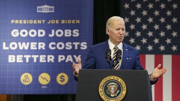 WASHINGTON, DC - UNITED STATES - FEBRUARY 15: The U.S. President Joe Biden speaks during the International Brotherhood of Electrical Workers (IBEW) Local 26 in Maryland, United States on February 15, 2023. (Photo by Celal Gunes/Anadolu Agency via Getty Images)