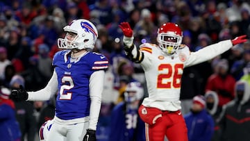 ORCHARD PARK, NEW YORK - JANUARY 21: Tyler Bass #2 of the Buffalo Bills reacts after missing a 44 yard field goal attempt against the Kansas City Chiefs during the fourth quarter in the AFC Divisional Playoff game at Highmark Stadium on January 21, 2024 in Orchard Park, New York.   Al Bello/Getty Images/AFP (Photo by AL BELLO / GETTY IMAGES NORTH AMERICA / Getty Images via AFP)