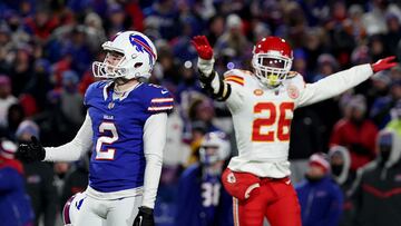 ORCHARD PARK, NEW YORK - JANUARY 21: Tyler Bass #2 of the Buffalo Bills reacts after missing a 44 yard field goal attempt against the Kansas City Chiefs during the fourth quarter in the AFC Divisional Playoff game at Highmark Stadium on January 21, 2024 in Orchard Park, New York.   Al Bello/Getty Images/AFP (Photo by AL BELLO / GETTY IMAGES NORTH AMERICA / Getty Images via AFP)