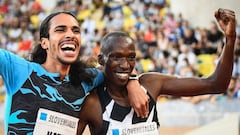 Second-placed Spain&#039;s Mohamed Katir (L) and first-placed Kenya&#039;s Timothy Cheruiyot celebrate after competing in the Men&#039;s 1500m during the IAAF Diamond League competition on July 9, 2021 in Monaco. (Photo by CLEMENT MAHOUDEAU / AFP)