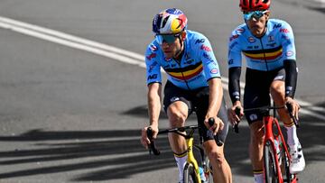 Belgian Wout van Aert and Belgian Jasper Stuyven pictured during a training session ahead of the upcoming UCI Road World Championships cycling, in Wollongong, Australia, Saturday 17 September 2022. The Worlds are taking place from 18 to 25 September. BELGA PHOTO DIRK WAEM (Photo by DIRK WAEM / BELGA MAG / Belga via AFP) (Photo by DIRK WAEM/BELGA MAG/AFP via Getty Images)