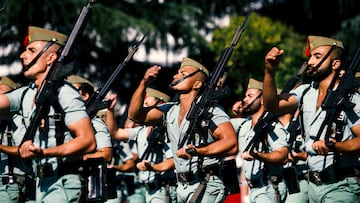 PASEO OF CASTELLANA, MADRID, SPAIN - 2017/10/12: Legionaries are seen walking during the parade.
National day military parade has been held in Madrid with a thematic character that aims to show what the Spanish troops can do, mainly abroad, and in collaboration with the State Security Forces and Bodies. Hence the participation of components of the Civil Guard and this year for the first time ever, the National Police Corps.
In addition, in this year edition the tribute to the fallen was dedicated to civilian
victims, and for this reason accompanying His Majesty the King in the event were the ambassadors of countries with fatalities in the attacks of August 17 in Barcelona. (Photo by Manu Reino/SOPA Images/LightRocket via Getty Images)