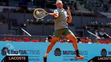 Spain's Alejandro Davidovich Fokina returns the ball to Russia's Andrey Rublev during the third round of the 2024 ATP Tour Madrid Open tournament tennis match at Caja Magica in Madrid on April 28, 2024. (Photo by OSCAR DEL POZO / AFP)