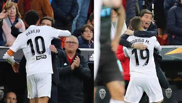 Parejo y Rodrigo, abrazando a Marcelino. 