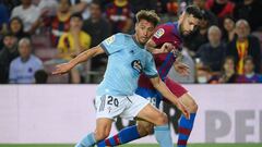 Kevin protege el bal&oacute;n ante Jordi Alba durante el partido disputado contra el Bar&ccedil;a en el Camp Nou.