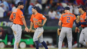 ARLINGTON, TEXAS - OCTOBER 19: Jos� Abreu #79 and Jose Altuve #27 of the Houston Astros celebrate after beating the Texas Rangers 10-3 in Game Four of the Championship Series at Globe Life Field on October 19, 2023 in Arlington, Texas.   Stacy Revere/Getty Images/AFP (Photo by Stacy Revere / GETTY IMAGES NORTH AMERICA / Getty Images via AFP)
