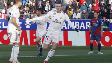 Bale celebra el gol al Huesca que dio el triunfo al Real Madrid por 0-1.