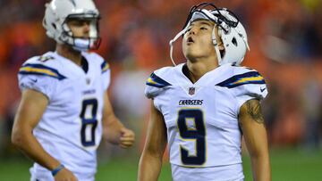 DENVER, CO - SEPTEMBER 11: Kicker Younghoe Koo #9 of the Los Angeles Chargers reacts to missing a game-tying field goal in the fourth quarter to lose the game against the Denver Broncos at Sports Authority Field at Mile High on September 11, 2017 in Denver, Colorado.   Dustin Bradford/Getty Images/AFP
 == FOR NEWSPAPERS, INTERNET, TELCOS &amp; TELEVISION USE ONLY ==