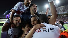 Paris Saint-Germain's French forward #07 Kylian Mbappe celebrates scoring his second goal and his team's fourth goal during the UEFA Champions League quarter-final second leg football match between FC Barcelona and Paris SG at the Estadi Olimpic Lluis Companys in Barcelona on April 16, 2024. (Photo by FRANCK FIFE / AFP)