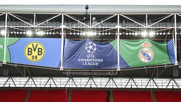 LONDON, ENGLAND - MAY 29: Stadium branding is prepared ahead of the UEFA Champions League 2023/24 final match between Borussia Dortmund v Real Madrid CF at Wembley Stadium on May 28, 2024 in London, England. (Photo by Michael Regan - UEFA/UEFA via Getty Images)