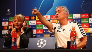 MANCHESTER, ENGLAND - OCTOBER 01: Jose Mourinho, Manager of Manchester United reacts when speaking to the media during a press conference ahead of their Group H match against Valencia in UEFA Champions League at Aon Training Complex on October 1, 2018 in