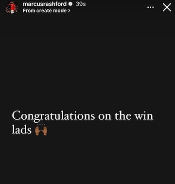 Mensaje de Marcus Rashford, jugador del Manchester United, en su cuenta de Instagram tras la victoria ante el Fulham.