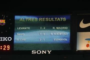 Barcelona-Valladolid. Error en el videomarcador. El resultado del Levante-Real Madrid aparece como 3-2 cuando en realidad es de 2-3.