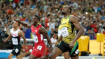 Jamaica&#039;s Usain Bolt, right, wins the gold medal in the men&#039;s 100m ahead of United States&#039; Justin Gatlin, left, at the World Athletics Championships at the Bird&#039;s Nest stadium in Beijing, Sunday, Aug. 23, 2015. (AP Photo/Lee Jin-man) 