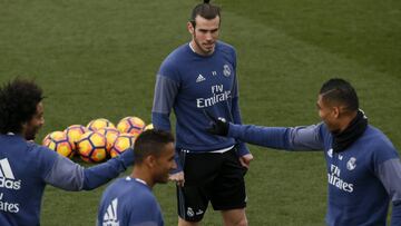 GRA181. MADRID, 03/03/2017.- (De izda. a dcha.) Los jugadores del Real Madrid Marcelo, Danilo, Gareth Bale y Casemiro, durante el entrenamiento que la plantilla ha realizado hoy en Valdebebas para preparar el partido de la 26&ordf; jornada de LaLiga Santander 2016/2017, que disputar&aacute;n ma&ntilde;ana contra el Eibar en el Estadio Municipal de Ipurua. EFE/Mariscal