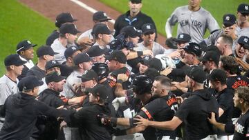 BALTIMORE, MD - JULY 12: Benches clear after Heston Kjerstad #13 of the Baltimore Orioles is hit by pitch in the ninth inn during a baseball game against the New York Yankees at the Oriole Park at Camden Yards on July 12, 2024 in Baltimore, Maryland.   Mitchell Layton/Getty Images/AFP (Photo by Mitchell Layton / GETTY IMAGES NORTH AMERICA / Getty Images via AFP)