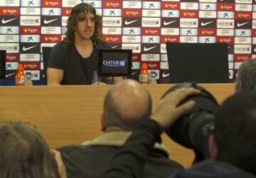 Carles Puyol jugador del Barcelona anuncia  a los medios de comunicación durante una rueda de prensa que dejará el club catalán al final de la temporada.