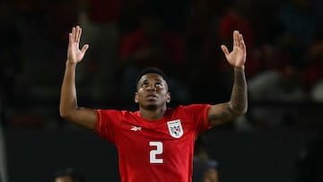 Panama's defender #02 Cesar Blackman celebrates after scoring his team first goal during the Concacaf Nations League quarterfinals second leg football match between Costa Rica and Panama at the Rommel Fern�ndez Guti�rrez Stadium in Panama City on November 18, 2024. (Photo by MARTIN BERNETTI / AFP)