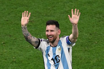 18 December 2022, Qatar, Lusail: Soccer, World Cup, Argentina - France, final round, final, Lusail Stadium, Argentina's Lionel Messi cheers after the victory. Photo: Robert Michael/dpa (Photo by Robert Michael/picture alliance via Getty Images)