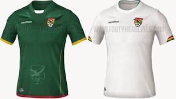 Bolivia presentará una camisete verde como titular, mientras la de recambio tendrá colores blancos. Marathon será su marca.