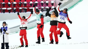 2022 Beijing Olympics - Ski Jumping - Men&#039;s Team Final Round - National Ski Jumping Centre, Zhangjiakou, China - February 14, 2022.  Gold medallists Stefan Kraft of Austria, Daniel Huber of Austria, Jan Hoerl of Austria and Manuel Fettner of Austria 