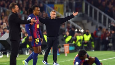 Soccer Football - UEFA Champions League - Quarter Final - First Leg - FC Barcelona v Atletico Madrid - Spotify Camp Nou, Barcelona, Spain - April 8, 2026 FC Barcelona coach Hansi Flick reacts REUTERS/Albert Gea
