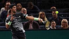 Spain&#039;s Fernando Verdasco returns the ball to Croatia&#039;s Borna Coric during their men&#039;s singles tennis match on day one of the ATP World Tour Masters 1000 - Rolex Paris Masters - indoor tennis tournament at The AccorHotels Arena in Paris on October 28, 2019. (Photo by Christophe ARCHAMBAULT / AFP)