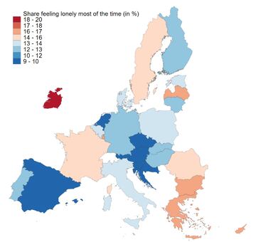 Mapa con el porcentaje de población que se siente sola por países miembros de la Unión Europea.