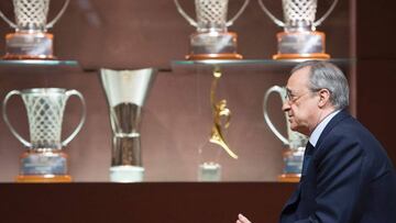 Real Madrid&#039;s President Florentino Perez speaks during an AFP interview in the trophy room of the Santiago Bernabeu stadium in Madrid