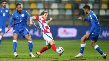 Soccer Football - World Cup Qualifiers Europe - Group H - Croatia v Cyprus - HNK Rijeka, Rijeka, Croatia - March 27, 2021 Croatia's Luka Modric in action with Cyprus' Ioannis Pittas REUTERS/Antonio Bronic