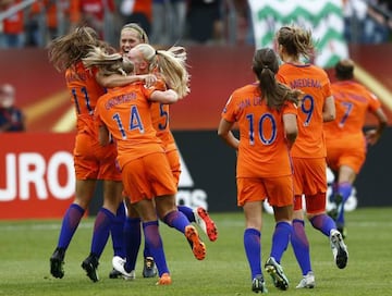 Dutch players celebrate the victory against Norway after the UEFA Women's EURO 2017 opening game.