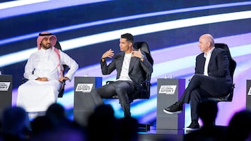 Esports - Esports World Cup Announcement - Riyadh, Saudi Arabia - October 23, 2023 Saudi sports minister Prince Abdul Aziz bin Turki Al-Faisal with Al Nassr's Cristiano Ronaldo and FIFA president Gianni Infantino during the announcement Saudi Sports Authority Media Office/Handout via REUTERS  ATTENTION EDITORS - THIS IMAGE HAS BEEN SUPPLIED BY A THIRD PARTY.