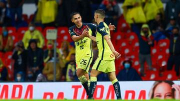 Alvaro Fidalgo celebrates his goal 2-1 with Salvador Reyes of America during the game America vs Necaxa, corresponding to Day 02 of the Torneo Apertura Grita Mexico A21 of the Liga BBVA MX, at Azteca Stadium, on July 31, 2021.
<br><br>