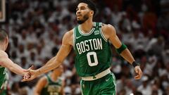 May 19, 2022; Miami, Florida, USA; Boston Celtics forward Jayson Tatum (0) celebrates after a basket during the second half of game two of the 2022 eastern conference finals against the Miami Heat at FTX Arena. Mandatory Credit: Jim Rassol-USA TODAY Sports
