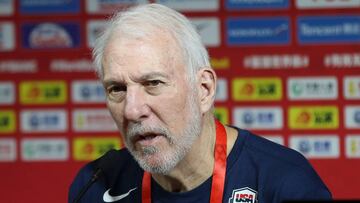 SHANGHAI, CHINA - SEPTEMBER 01:  Head Coach Gregg Popovich speaks to media after before a training session at the Oriental Sports Center ahead of the FIBA Men&#039;s World Cup on September 1, 2019 in Shanghai, China.  (Photo by Lintao Zhang/Getty Images)