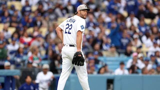 LOS ANGELES, CALIFORNIA - MAY 17: Clayton Kershaw #22 of the Los Angeles Dodgers reacts against the Los Angeles Angels during the first inning at Dodger Stadium on May 17, 2025 in Los Angeles, California. Luke Hales/Getty Images/AFP (Photo by Luke Hales / GETTY IMAGES NORTH AMERICA / Getty Images via AFP)