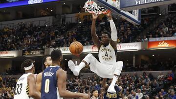 Dec 10, 2017; Indianapolis, IN, USA; Indiana Pacers guard Victor Oladipo (4) dunks against the Denver Nuggets during the 3rd quarter at Bankers Life Fieldhouse. Mandatory Credit: Brian Spurlock-USA TODAY Sports