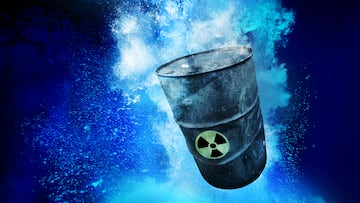 Toxic waste barrel sinking underwater