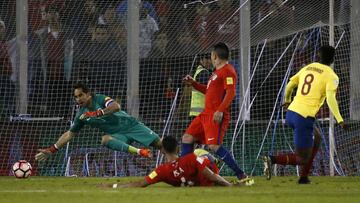 Action photo during the match Chile vs Ecuador, corresponding to CONMEBOL qualifying for the FIFA World Cup 2018 at Monumental Stadium.
Foto de accion durante el partido Chile vs Ecuador, correspondiente a las Eliminatorias de CONMEBOL para la Copa Mundial de la FIFA 2018 en el Estadio Monumental, en la foto: Gol Romario Ibarra Ecuador
05/10/2017/MEXSPORT/PHOTOSPORT/Andres Pina