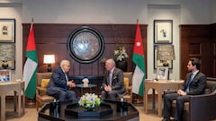 Jordan's King Abdullah II and Crown Prince Hussein meet with Palestinian President Mahmoud Abbas, in Amman, Jordan, in this handout picture released on February 25, 2024. Royal Hashemite Court/Handout via Reuters ATTENTION EDITORS - THIS IMAGE HAS BEEN SUPPLIED BY A THIRD PARTY.  NO RESALES. NO ARCHIVES