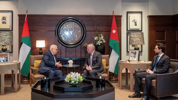 Jordan's King Abdullah II and Crown Prince Hussein meet with Palestinian President Mahmoud Abbas, in Amman, Jordan, in this handout picture released on February 25, 2024. Royal Hashemite Court/Handout via Reuters ATTENTION EDITORS - THIS IMAGE HAS BEEN SUPPLIED BY A THIRD PARTY. NO RESALES. NO ARCHIVES