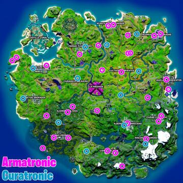 Mapa con las ubicaciones de las m&aacute;quinas expendedoras durante la Temporada 8 de Fortnite Cap&iacute;tulo 2
