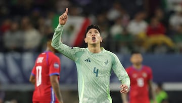 AMDEP8179. ARLINGTON (ESTADOS UNIDOS), 21/03/2024.- Edson Álvarez de México celebra un gol ante Panamá este miércoles, en un partido de la Liga de Naciones de la Concacaf en el estadio AT&T en Arlington (EE.UU.). EFE/ Carlos Ramírez
