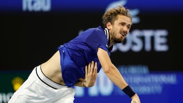 Mar 24, 2024; Miami Gardens, FL, USA; Daniil Medvedev serves against Cameron Norrie (GBR) (not pictured) on day seven of the Miami Open at Hard Rock Stadium. Mandatory Credit: Geoff Burke-USA TODAY Sports