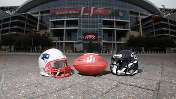 Feb 4, 2017; Houston, TX USA; General overall view of New England Patriots and Atlanta Falcons helmets and NFL Wilson official Duke Super Bowl LI logo football at NRG Stadium. Mandatory Credit: Kirby Lee-USA TODAY Sports